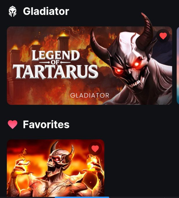 A mobile screenshot displays the "Legend of Tartarus" Gladiator game and a "Favorites" section featuring a fierce horned demon character, with both items marked by heart icons on the MetaWin platform, reflecting the user's enthusiasm for their favorite picks shared in the post about winnings.