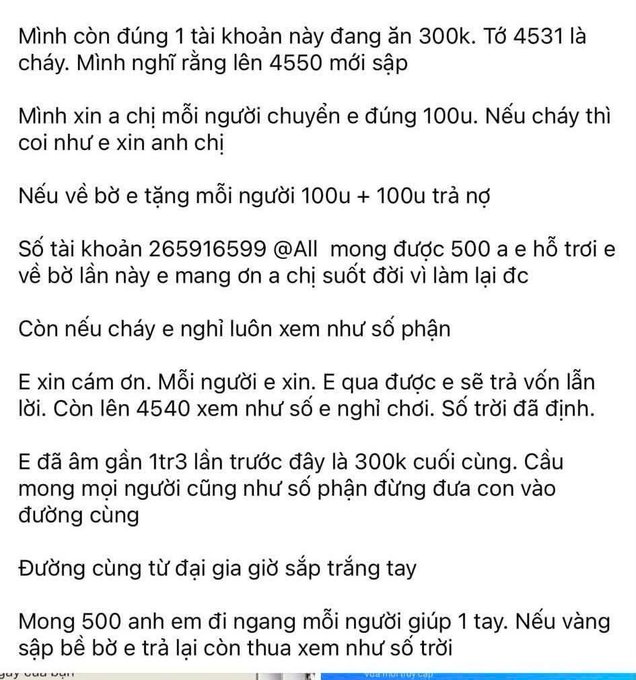 A Vietnamese text message requesting financial assistance, mentioning stock prices (4531, 4550, 4540), asking for 100u transfers, and referencing account 265916599@AIl for a 500k loan to settle debts.