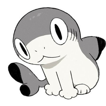 A cute cartoon illustration of a baby penguin with large eyes and black-tipped wings, sitting and smiling.
