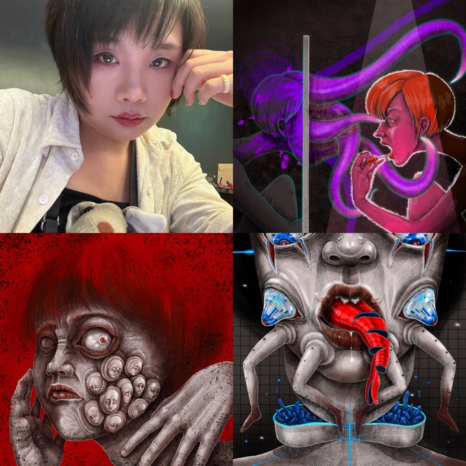 A four-panel artistic collage contrasting a normal selfie of a short-haired woman with three surreal, horror-themed illustrations featuring tentacles, distorted faces, and unsettling imagery.