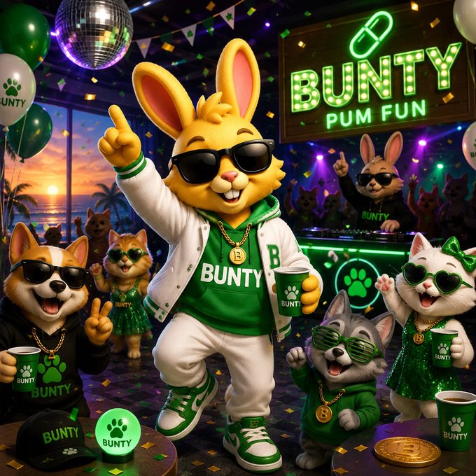 A vibrant digital artwork for 'BUNTY PUM FUN' depicting a yellow rabbit in a green hoodie and sunglasses partying with cats and other animals in a club setting.
