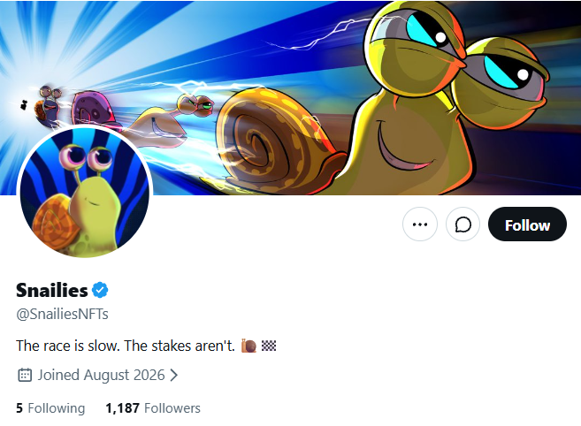 A Twitter/X profile page for 'Snailies' (@SnailiesNFTs) featuring cartoon snails racing, with the bio 'The race is slow. The stakes aren't.' showing 1,187 Followers.