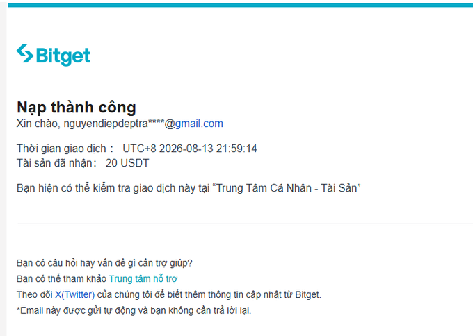 A Bitget email confirmation showing a successful delivery of 20 USDT to nguyendiepdeptra****@gmail.com dated UTC+8 2026-08-13.