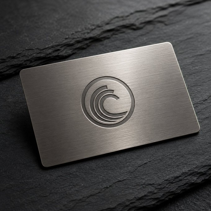 The image features a silver metal business card with a wave logo on it. The wave logo is a circle containing three waves inside it, symbolizing the concept of "the seamless connection" or "digital resilience." This design choice suggests that the company behind this business card values innovation and forward-thinking ideas in their branding strategy.