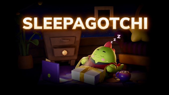 The image features a cartoon green frog sitting on a bed with a laptop computer next to him, suggesting that he might be using the device for entertainment or work purposes. The phrase "@sleepagotchi" written below the frog indicates that this is a reference to the popular game "@ sleep agotschi", which involves players trying to catch falling objects in their room while wearing sleep masks and listening to soothing music. This game has been adapted into a mobile app, and it seems that the frog's use of the laptop aligns with the idea of incorporating technology for daily activities or entertainment purposes.