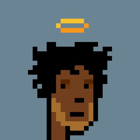 A pixel art portrait of a person with dark curly hair and a halo on a gray background.