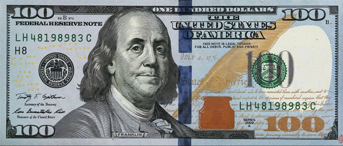 A modified U.S. $100 bill featuring Benjamin Franklin's portrait, serial number LH48198983C, with "$100" prominently displayed. The post's reference to "$poly token" suggests the image is being used metaphorically to signal that the token's value is on par with or reaching the significance of $100, implying bullish prospects.