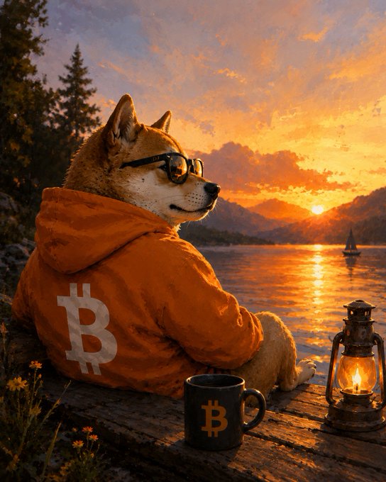 An AI-generated image shows a Shiba Inu dog wearing an orange hoodie with a Bitcoin 'B' logo and black sunglasses, gazing at a sunset over a lake with a Bitcoin mug and a lit oil lamp beside it.