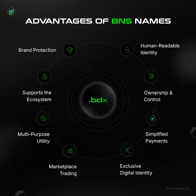 An infographic titled "ADVANTAGES OF BNS NAMES" displays eight features in a circular layout around a central ".bdx" icon, including "Brand Protection", "Human-Readable Identity", and "Marketplace Trading".