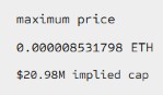 The image shows the maximum price and implied market cap for the $RAREFRIENDS token auction, displaying "maximum price 0.000008531798 ETH" and "$20.98M implied cap." It serves as visual confirmation of the post's claim that the auction's implied valuation has surpassed the halfway mark, supporting the argument that selling a Genesis NFT at $14,000 undervalues its potential.