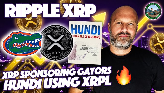 A promotional graphic features “RIPPLE XRP,” an XRP coin, the Florida Gators logo, and a Hundi bill of exchange beside a man in a black shirt. The text “XRP SPONSORING GATORS” and “HUNDI USING XRPL” connects the image to the post’s claim that XRP is sponsoring the Gators and enabling an institutional settlement corridor through India’s Hundi system.