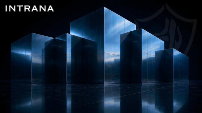 A digital artwork titled 'INTRANA' depicting several tall, glossy blue glass-like rectangular prisms arranged on a reflective floor against a dark background.