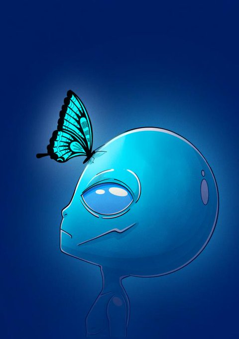 Digital illustration of a blue translucent humanoid figure in profile view with a glowing cyan butterfly perched on its head against a dark blue background.