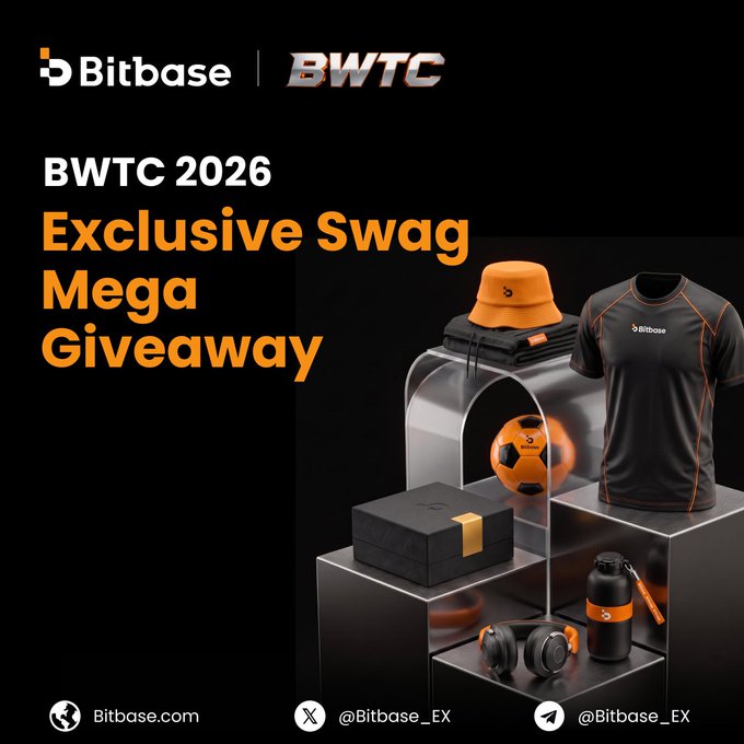 The image is a promotional graphic for "BWTC 2026 Exclusive Swag Mega Giveaway" by Bitbase, featuring Bitbase-branded merchandise including an orange bucket hat, black/orange jersey, soccer ball, gift box, water bottle, and headphones displayed on tiered pedestals, with contact details (Bitbase.com, @Bitbase_EX) at the bottom. The post highlights this giveaway as a celebration of over 30,000+ traders joining the BWTC 2026 Main Event, with the image showcasing the limited-edition stadium-themed rewards up for grabs.