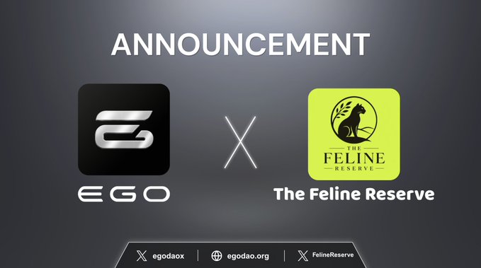 An announcement graphic showing a collaboration between 'EGO' and 'The Feline Reserve' (represented by a cat logo), with social media handles '@godaox', '@godao.org', and 'FelineReserve' at the bottom.