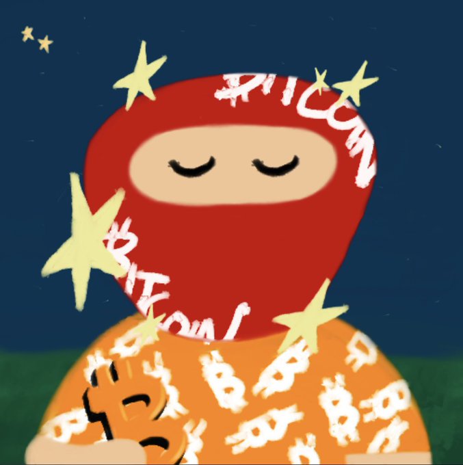 A digital illustration of a peaceful, sleeping figure in a red hood and orange shirt covered in playful scribbles and stars, evoking the whimsical, hand-drawn style of Bitcoin Ordinals NFT art. The image aligns with the post's promotion of creative NFT collections like Node Monkeys and Bitcoin Weirdos, both being unique, quirky digital assets available on Satflow.
