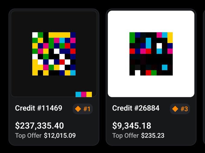 Two NFT credit items are displayed: Credit #11469 ranked #1 with a value of $237,335.40 and a top offer of $12,015.09, alongside Credit #26884 ranked #3 worth $9,345.18. The image highlights the staggering disparity between the #1 NFT holder—who likely saw their life change as the post notes—and the lower-ranked #3 piece, whose top offer is only a tiny fraction of the leader's value.