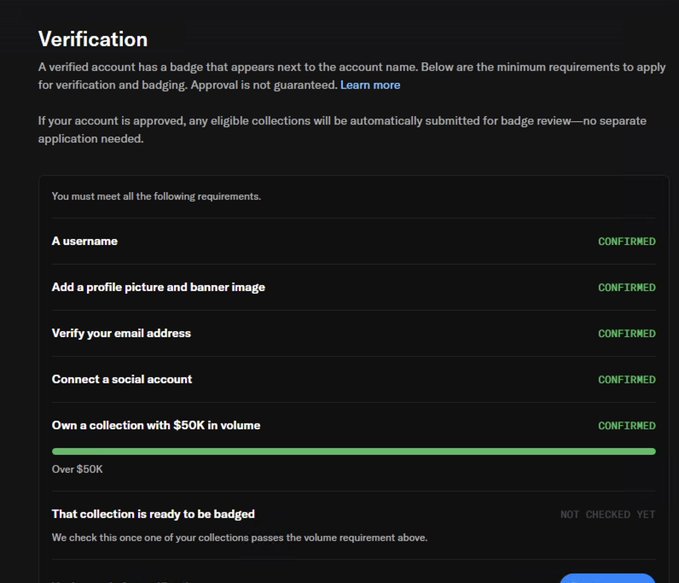 A verification requirements page on OpenSea showing all minimum criteria as "Confirmed" except the final "collection is ready to be badged" status marked "Not Checked Yet," illustrating progress toward the KuanTom NFT project's account verification.