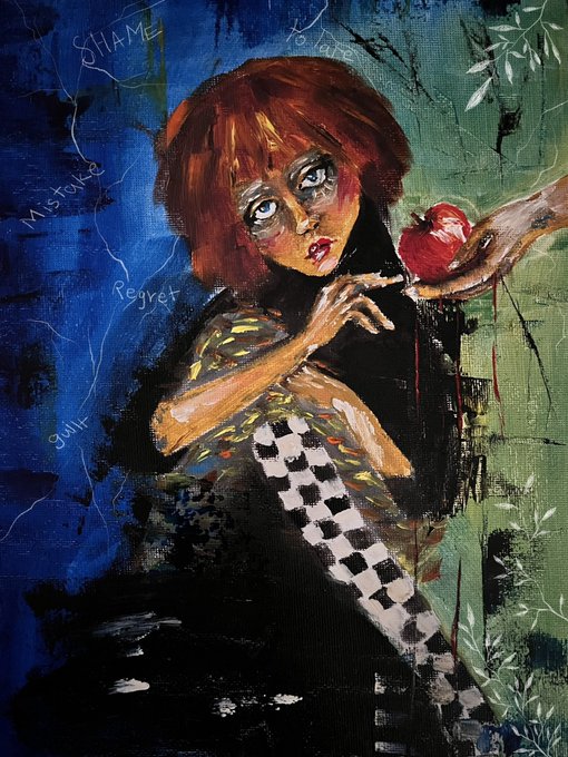 A painting of a girl with red hair holding a red apple, with words like "SHAME," "Peace," "Mistake," "Regret," and "guilt" written in the blue background.