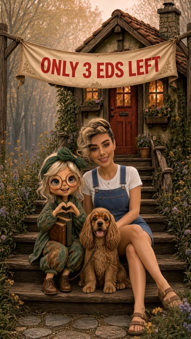 An illustrated scene shows a woman and a small girl sitting on stone steps with a brown dog in front of a cottage, beneath a banner reading 'ONLY 3 EDS LEFT'.