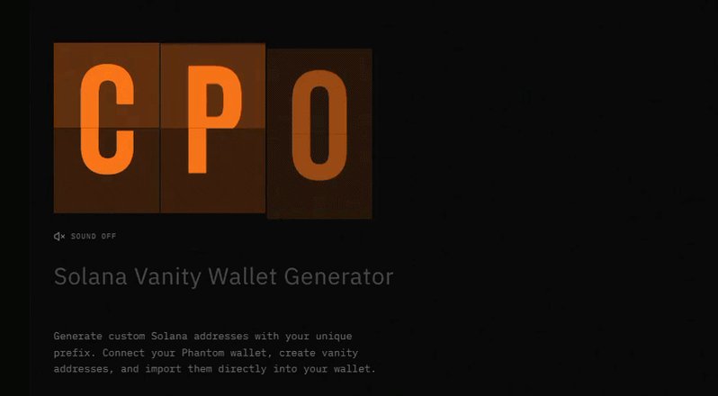 The image features a website called "CPO" with a black background that has orange letters spelling out "CPO". The website appears to be related to wallet generation, as indicated by the text "SOLANA VANITY WALLET GENERATOR". This suggests that the creator of this website is focused on generating unique and personalized wallet addresses for users.