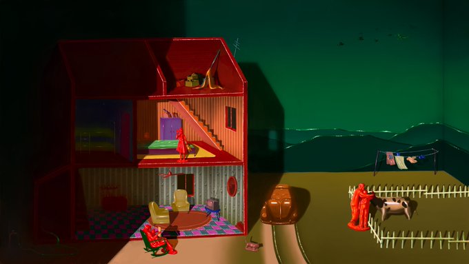 A surreal digital art piece shows a cutaway dollhouse with red figures inside and outside, alongside a cow in a fenced area under a dark green sky.