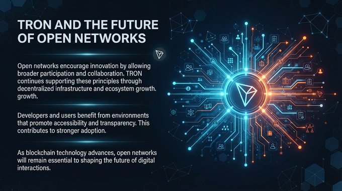 A presentation slide titled 'TRON AND THE FUTURE OF OPEN NETWORKS' features text about decentralized infrastructure and ecosystem growth alongside a circuit-board graphic with the TRON logo.