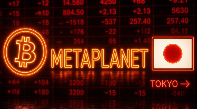 A neon-lit image displays the Bitcoin logo alongside the word "METAPLANET" and a Japanese flag labeled "TOKYO →," set against a backdrop of red stock market data, visually reinforcing Metaplanet's expansion into a U.S. venture as a Japan-based Bitcoin-focused firm.