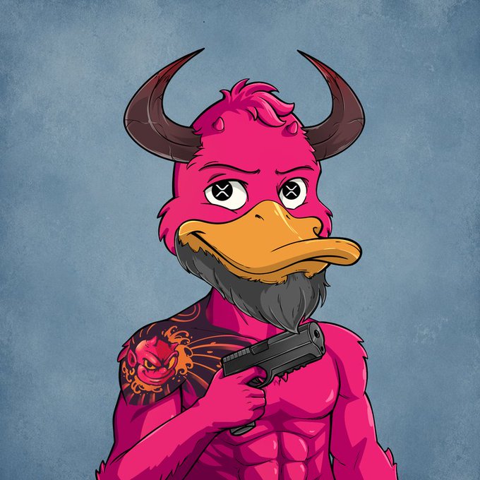 A cartoon illustration of a muscular pink duck-billed character with horns, X-shaped eyes, a tattoo, and a gun against a blue background.