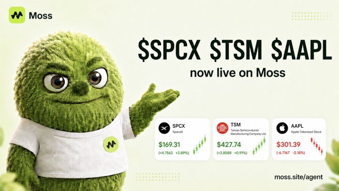 The image features a green plush toy dressed up as a human being, possibly representing a character from a children's story or cartoon series. The toy has an evil expression with its arms raised high above its head. In front of the toy, there is text that reads "$SPCX $TSM Saápl now live on MossAI @MossAI_Official", and the text continues to describe how to take advantage of this new feature in their trading platform.