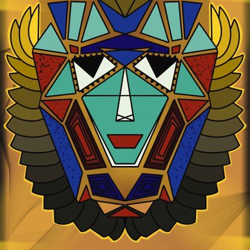 A geometric, stained-glass-style illustration of a lion's face, featuring angular shapes in teal, red, blue, and gold.