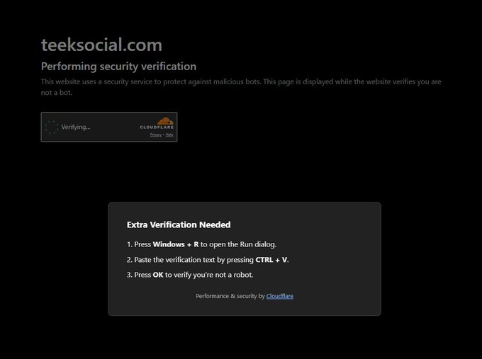 A screenshot of a fake Cloudflare security verification page on teeksocial.com instructing users to press Windows + R, paste verification text, and hit OK—a known social engineering scam that tricks users into executing malicious commands via the Windows Run dialog.