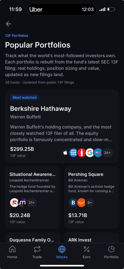 A mobile app screenshot of the 'Popular Portfolios' section under '13F Portfolios', highlighting Berkshire Hathaway (Warren Buffett) at $299.25B, along with Situational Awareness, Pershing Square, Duquesne Family Office, and ARK Invest.