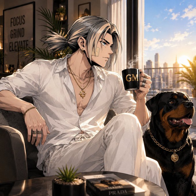 An anime-style man with silver hair sits relaxed in a white shirt, holding a steaming black mug labeled "GM" while a Rottweiler wearing a gold chain sits beside him. A framed poster behind him reads "FOCUS GRIND ELEVATE," and a book labeled "PRADA" rests on the table—tying into the post's cheerful "GM" (good morning) greeting for a productive Tuesday.