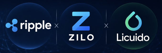 The image displays three circular logos side by side on a dark blue background: Ripple (left), ZILO (center), and Licuido (right), separated by "×" symbols to indicate partnerships or collaborations. This visual reinforces the post's announcement that Ripple is backing ZILO and Licuido to strengthen tokenized capital markets infrastructure on the XRP Ledger.