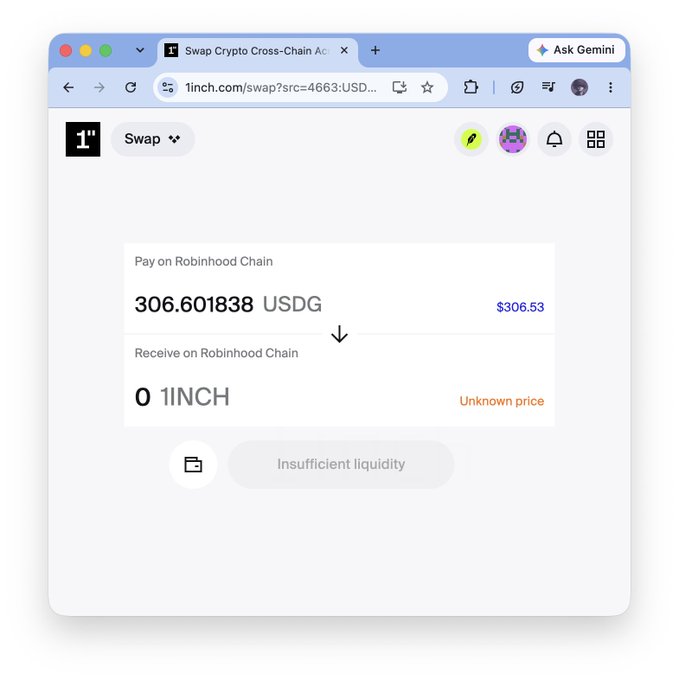 A screenshot of the 1inch.com swap interface shows an attempt to exchange 306.601838 USDG for 1INCH on Robinhood Chain, but the transaction fails due to 'Insufficient liquidity.'