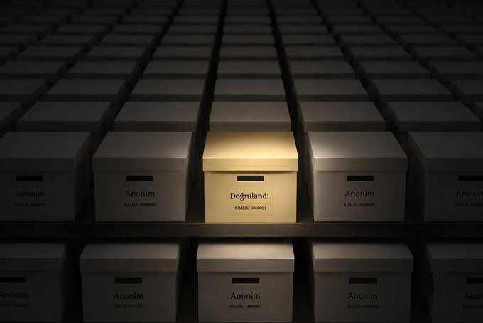 A conceptual image showing rows of gray storage boxes labeled 'Anonim' surrounding a single illuminated box labeled 'Doğrulandı.' (Turkish for 'Verified').