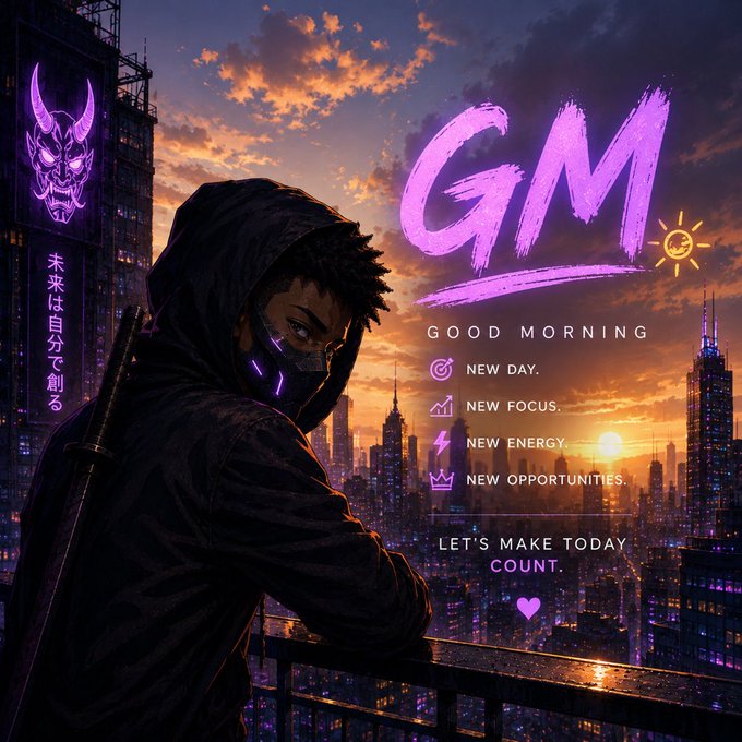 An anime-style "Good Morning" (GM) graphic featuring a hooded character with a glowing mask overlooking a cyberpunk cityscape at sunset, with motivational text including "New Day," "New Focus," "New Energy," and "New Opportunities."