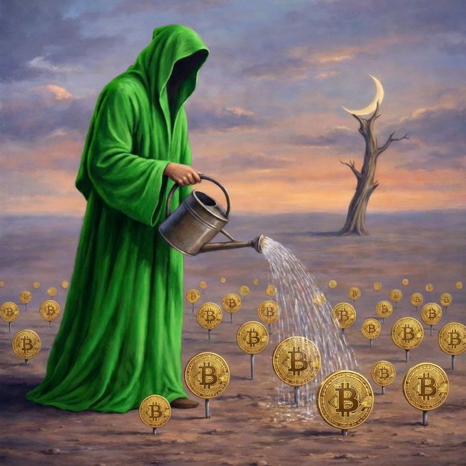 A hooded figure in a green robe waters a barren field with a watering can, causing Bitcoin (₿) coins to sprout from the ground beneath a crescent moon and barren tree. The surreal image ties into "Crypto art is so back" by depicting digital currency literally being cultivated from the earth, symbolizing the renewal and growth of crypto culture.
