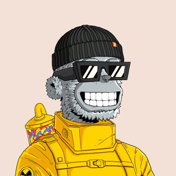 A digital illustration features a stylized gorilla character wearing a black beanie, rectangular sunglasses, and a yellow jacket against a pink background.