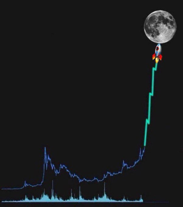 A humorous image shows a stock chart line shooting dramatically upward like a rocket trajectory toward the moon, with a small rocket ship blasting off at the peak of the chart.