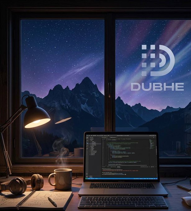 An atmospheric illustration of a coding workspace with a laptop displaying code, alongside a steaming mug and headphones, with a window revealing a starry night sky and mountains, featuring the 'DUBHE' logo.