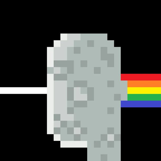 Pixel art of a gray blocky character on a black background, with a horizontal white line extending left and a rainbow stripe extending right.