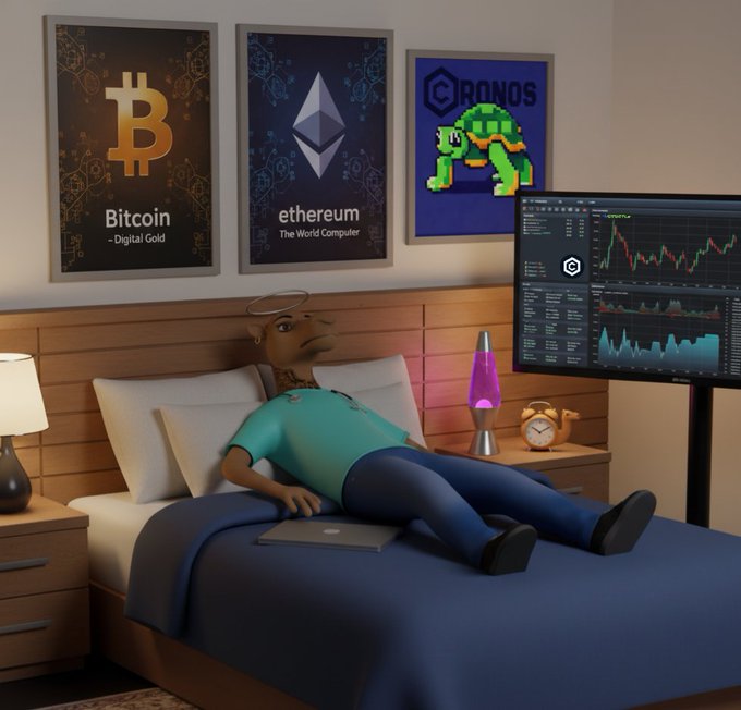 A 3D-rendered cartoon turtle wearing a blue shirt lounges on a bed in a room decorated with Bitcoin, Ethereum, and Cronos cryptocurrency posters, alongside a monitor displaying market charts—visually echoing the post's crypto and NFT branding for "#3DCamels" and "$wTURTLE." The scene reflects the message's theme of taking a well-deserved break before a comeback, with the relaxed turtle embodying the "rest and recharge" spirit.