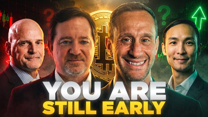 Four men appear in a promotional thumbnail for a YouTube live stream titled "YOU ARE STILL EARLY," featuring a Bitcoin logo backdrop with candlestick charts and arrows indicating market movement, promoting a discussion on Bitcoin's potential breakout following $853 million in ETF inflows.