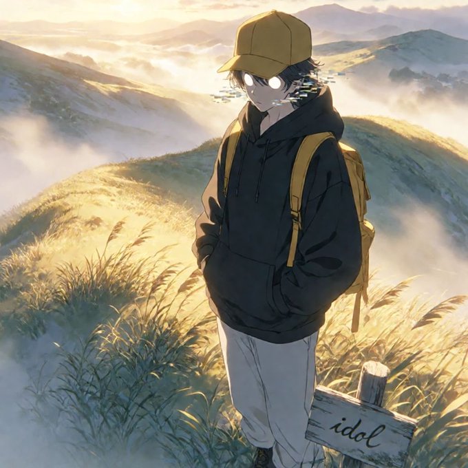 An anime-style illustration of a character wearing a yellow cap, black hoodie, and backpack, standing on a misty hillside at sunset with a wooden sign that reads "idol."
