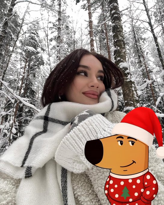 A young woman with long dark hair poses in a snowy forest, bundled up in a white checkered scarf and cozy sweater, while a cartoon character wearing a red Santa hat and festive Christmas sweater is overlaid in the bottom right corner. The wintery scene and playful holiday sticker perfectly capture the excitement of "90 days until chillmas chaggos."