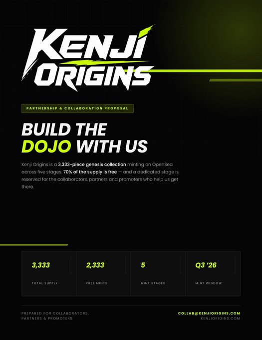 A promotional graphic for 'Kenji Origins' NFT collection, a 3,333-piece genesis collection on OpenSea with 70% free mints across 5 stages in Q3 '26.