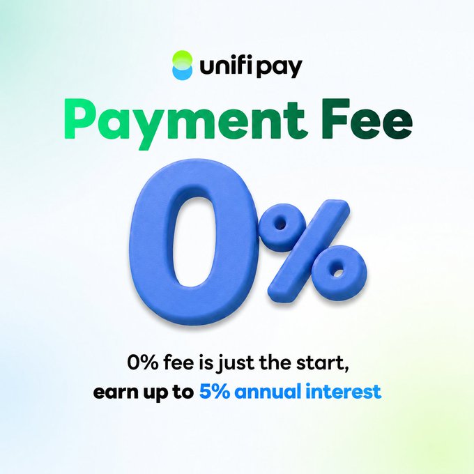 The image is a promotional graphic from Unifi Pay highlighting their "0% Payment Fee" offer, with text stating "0% fee is just the start, earn up to 5% annual interest," reinforcing the post's message about eliminating unnecessary fees when managing USDT across multiple chains.