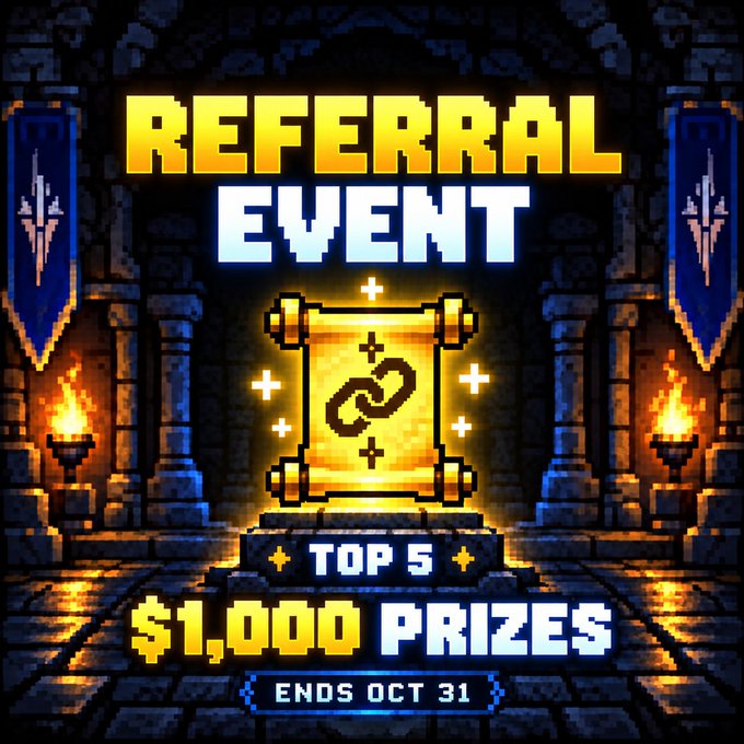 A pixel-art style promotional graphic for a 'REFERRAL EVENT' featuring a glowing scroll with a link symbol, announcing 'TOP 5 $1,000 PRIZES' and 'ENDS OCT 31' set against a stone dungeon background.